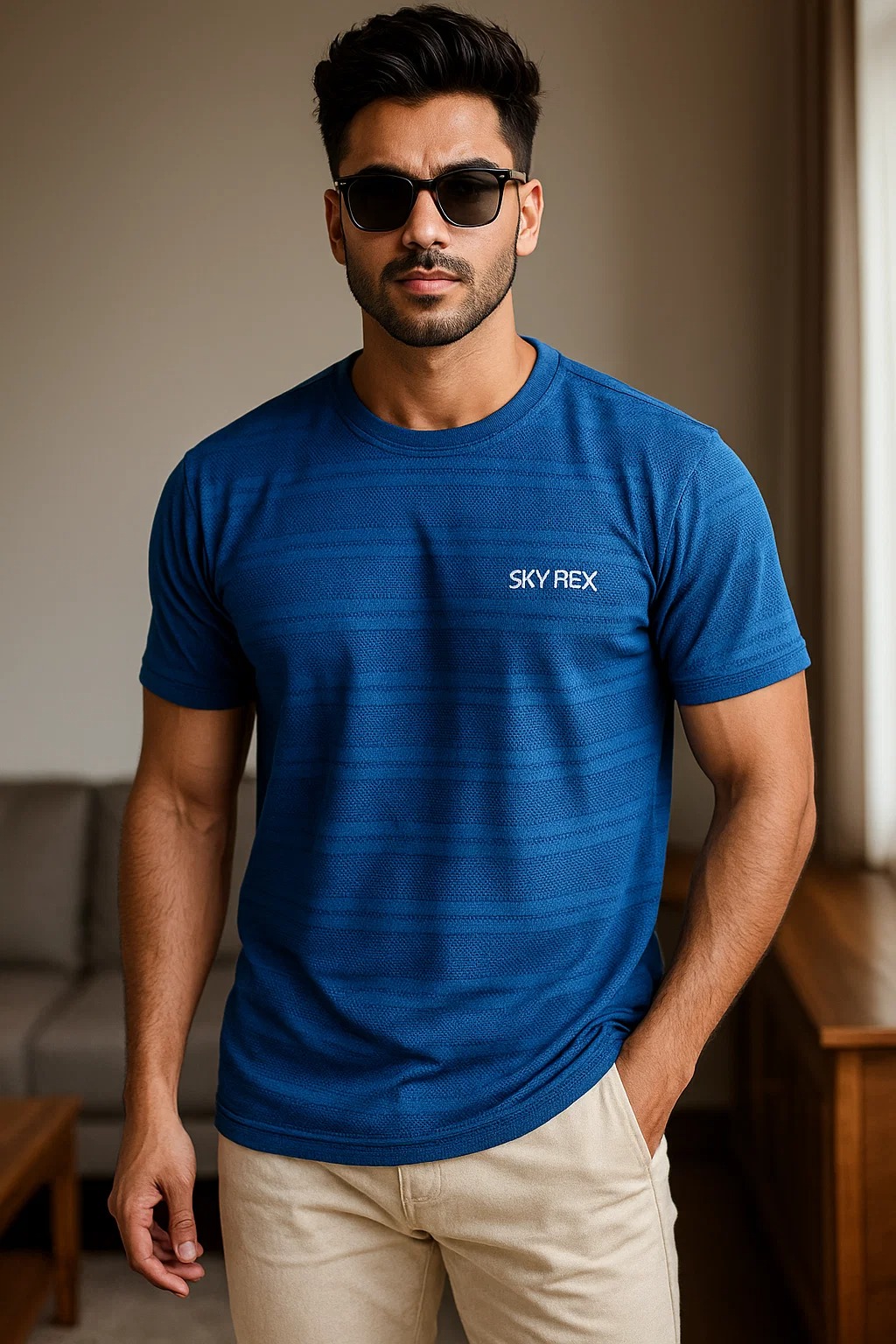 SKYREX MENS DOTTED NAVY BLUE ROUND NECK T-SHIRTS