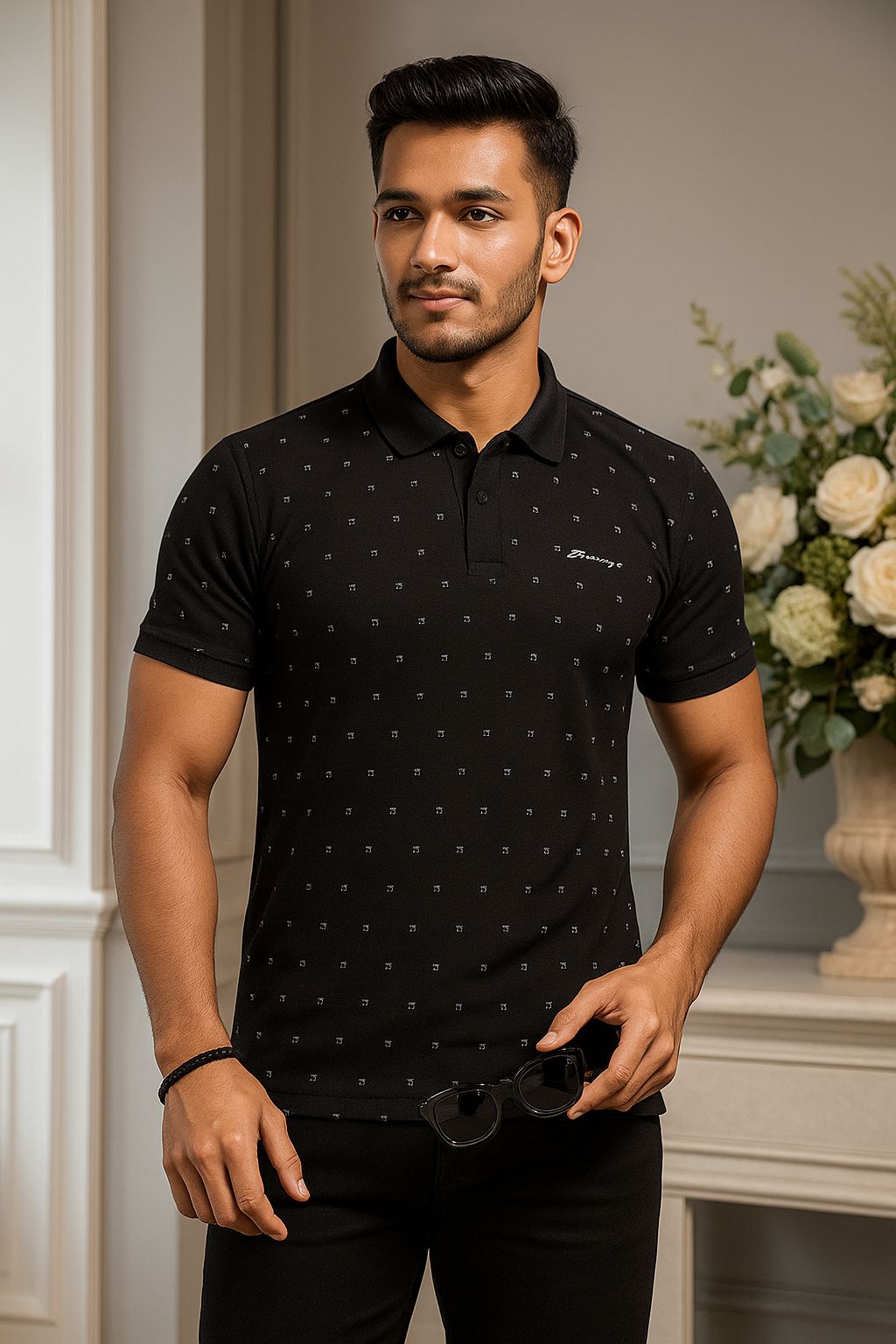 SKYREX MENS BLACK PRINTED POLO TSHIRT